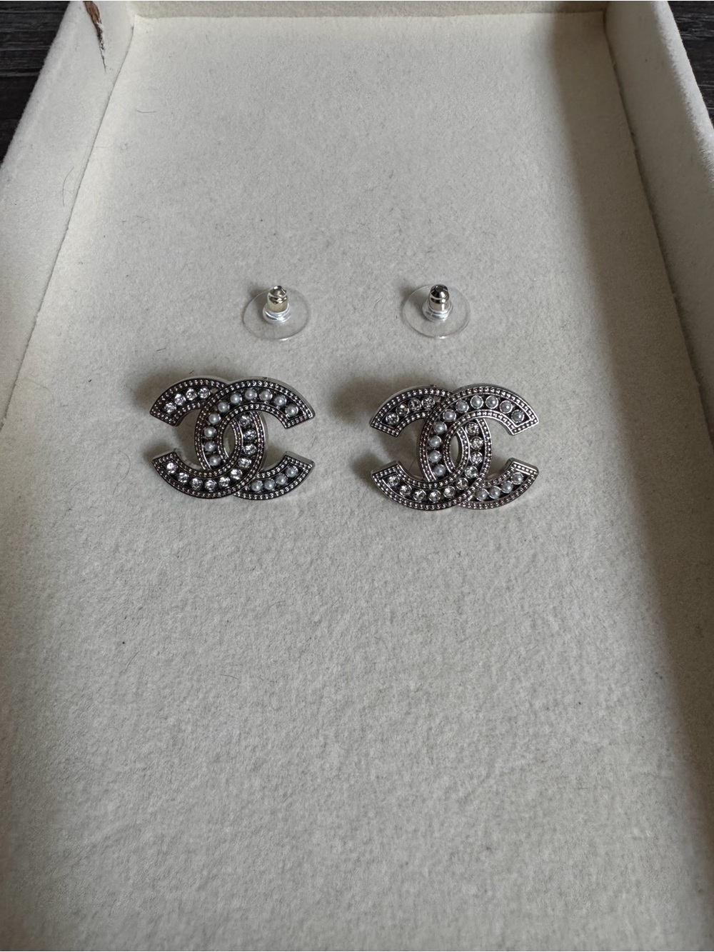 Silver, diamond, & pearled earrings